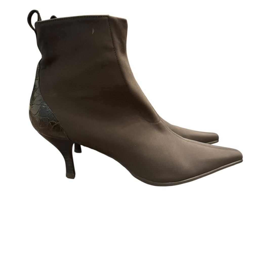 Donald J Pliner Brown Crock Embossed Pointed Toe Ankle Boots Kitten Heel Y2K 7